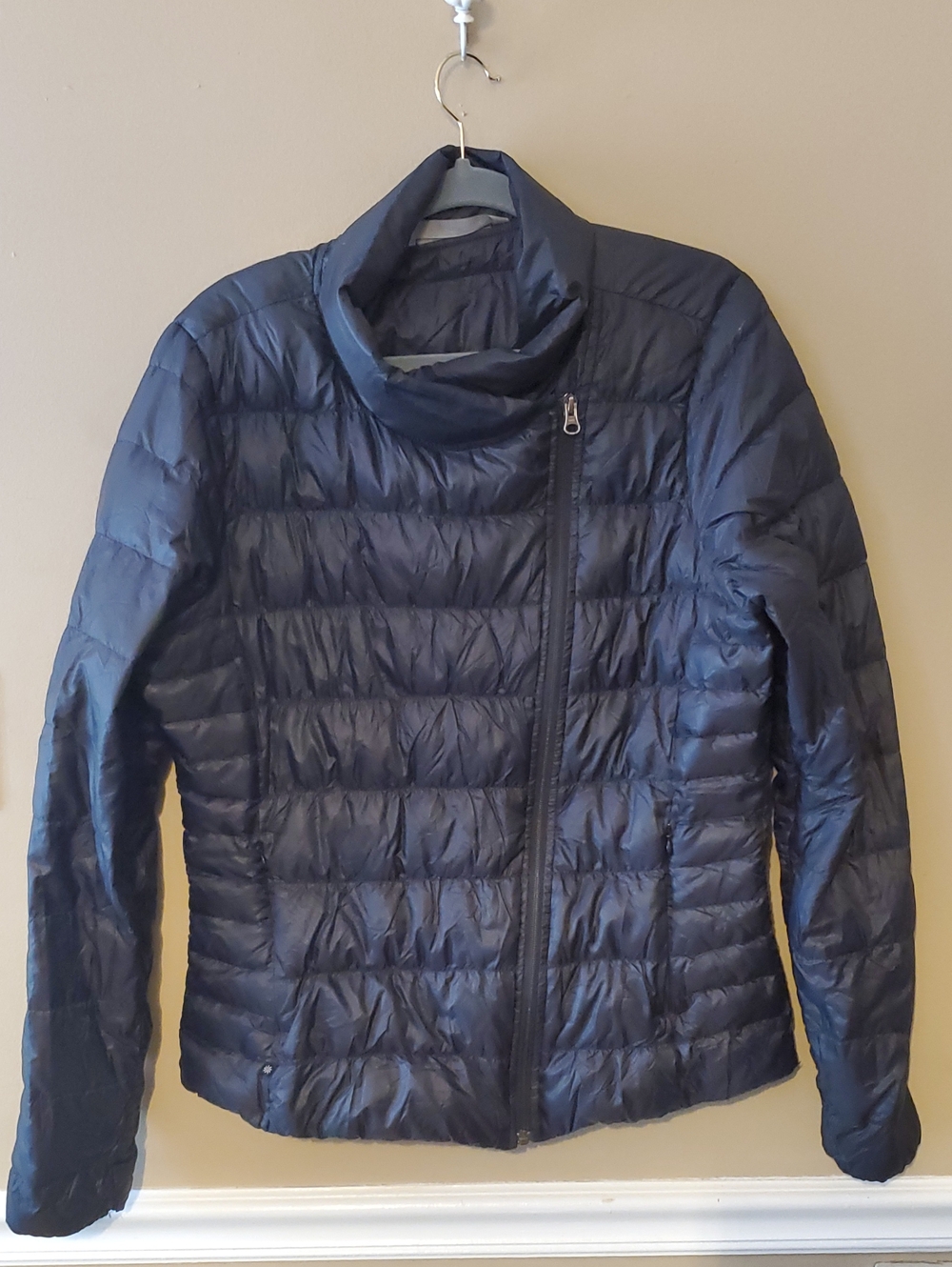 Athleta Downalicious Goose Down Puffer Jacket In Gray Blsck Size L